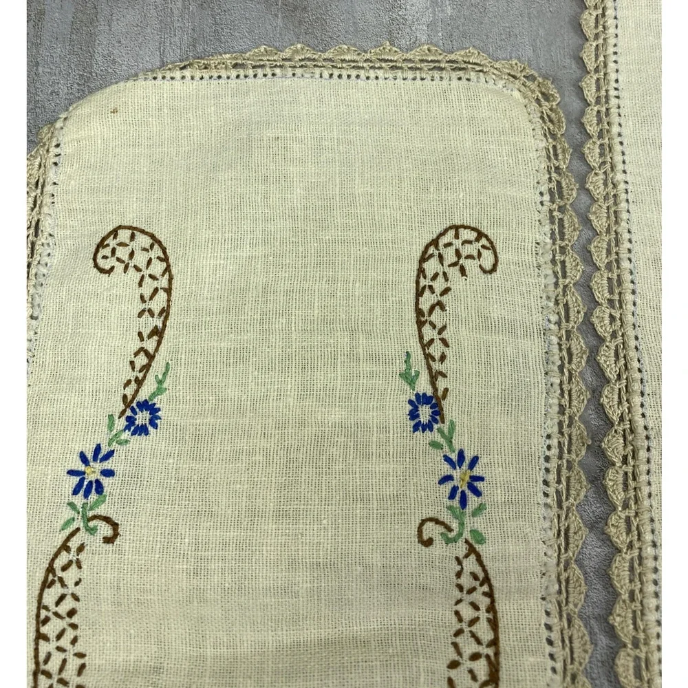 Vintage Beige Linen Embroidered Floral Couch Arm Covers Decor Crochet Set 3